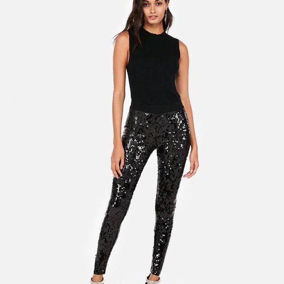 NWT $80 EXPRESS BLACK SEQUIN STRETCHY LEGGINGS PARTY HOLIDAY PANTS SMALL 🌟🌟🌟 - Picture 4 of 7